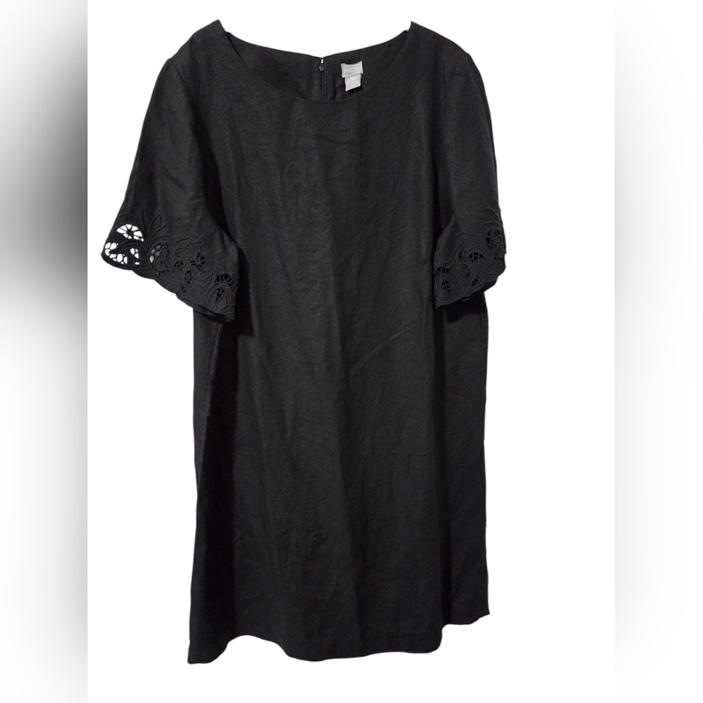 Chico's NWT Short dress embroidered sleeves 100% linen size 3  US16 Black